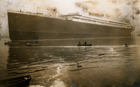 The Britannic, a massive British steamer and sister ship to the Titanic, launches from Belfast Harbor in 1914. The Britannic sank two years later after encountering a German mine field in the Mediterranean sea. National Geographic Creative - no photo credit given.